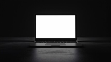 laptop with blank white screen, minimalist setup, dark room, high contrast, sleek design, glowing display, reflective surface, dramatic lighting, black and white aesthetic, modern technology