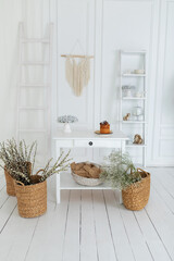 Spring skandi decor in interior design of white kitchen. Provence. Stylish easter rustic home decor - wicker basket with branches blooming willow, easter cake on wooden table, bouquet Gypsophila.	
