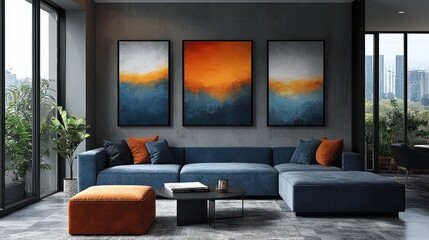 Modern living room with art and blue sofa.