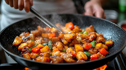 Wall Mural - Close-up of a chef stir-frying colorful meat and vegetable dish in a wok. The food is steaming and looks delicious. This vibrant image showcases the c