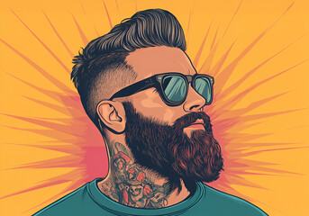 Elegant unshaved retro man in sunglasses isolated hipster with stylish haircut monochrome icon. V dj or musician in glasses, brutal handsome guy with beard and moustaches, barbershop symbol