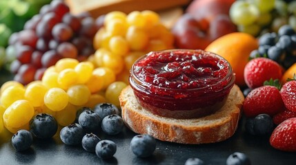 Sticker - Closeup of Red Fruit Jam on Toast Surrounded by Fresh Berries and Grapes