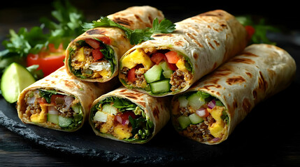 Wall Mural - Close-up of several delicious wraps filled with fresh vegetables and flavorful ingredients, arranged on a dark stone surface