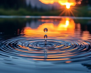 Poster - Captivating Water Drop Reflecting Vivid Sunset Over Tranquil Lake