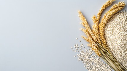 Wall Mural - Wheat stalks and quinoa seeds on light background