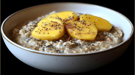 Wall Mural - Creamy Oatmeal with Ripe Mango Slices and Poppy Seeds for a Healthy Breakfast