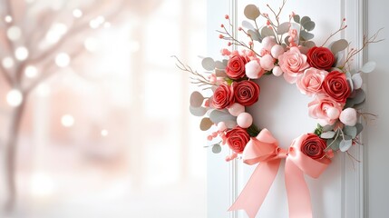 Poster - A beautiful Valentine's wreath decorated with red roses, pink ribbons
