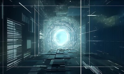 Leinwandbilder - A mesmerizing golden grid and glowing lights stretch into infinity, resembling the sensation of flying through a futuristic Matrix-inspired digital world.