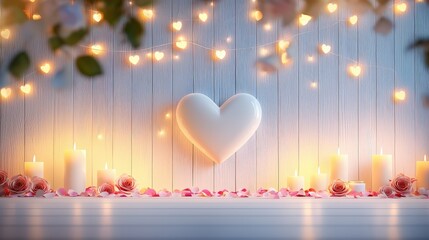 Poster - A colorful and festive heart garland hanging on a wall, surrounded by rose petals and candles, creating the perfect atmosphere for a romantic evening.