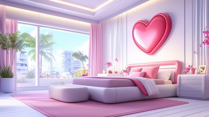 Poster - A cozy and romantic bedroom makeover with a soft pink and red color scheme, delicate floral accents, and a heart-shaped wreath for Valentine Day.