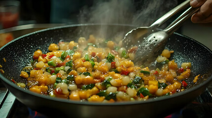 Wall Mural - Close-up of a vibrant stir-fry cooking in a wok, with steam rising, showing a variety of colorful vegetables and a rich sauce.