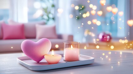 Poster - A cozy living room filled with soft pink cushions, a heart-shaped throw blanket, and a warm ambiance created by flickering candles, perfect for a romantic evening at home.