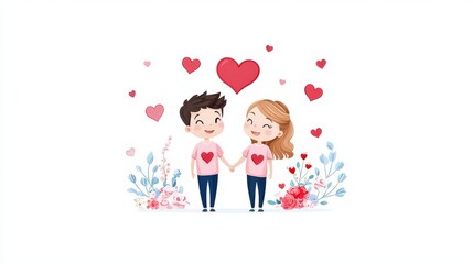 Poster - A cute couple in flat vector style, wearing matching pink T-shirts with heart designs, smiling and holding hands on Valentine's Day, creating a sweet and joyful atmosphere.