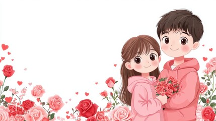 Poster - A cute flat vector style of a teenage couple in pink long-sleeved hoodies, standing together in a rose-filled garden, smiling and enjoying the beauty of Valentine's Day.