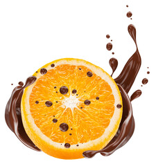 Wall Mural - half of orange with chocolate splash isolated on white background