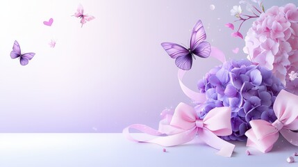 Poster - A luxurious Valentine-themed frame of dark violet watercolor hydrangeas, tied with dark pink bows and highlighted by soft pink butterflies on a pale pastel background.