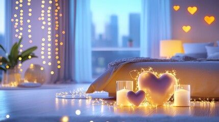 Poster - A romantic setup with soft, glowing Valentine fairy lights draped around a bedroom, creating a warm and inviting atmosphere for a special evening.