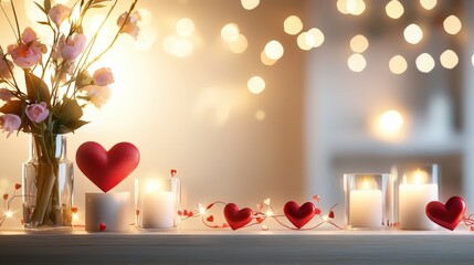 Poster - A string of red and pink heart-shaped garlands draped across a mantelpiece, with soft lighting and candles creating a warm and inviting Valentine's Day atmosphere.