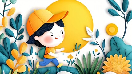 Wall Mural - Happy child walking in nature, paper art style.