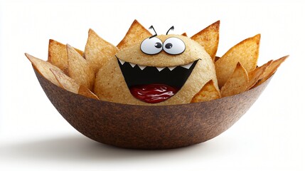 Wall Mural - Funny cartoon tortilla chips bowl with salsa.