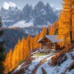 Golden cedar trees contrast against rugged gray peaks in this autumnal mountain landscape. Despite the first snow of the season, the valley below is covered in red and orange leaves.