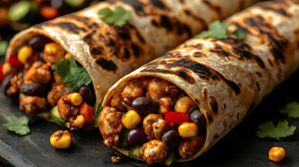 Poster - Close-up of Two Delicious Grilled Chicken Burritos with Black Beans and Corn