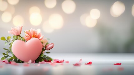 Poster - A vibrant Valentine Day floral display featuring heart-shaped floral wreaths, delicate pink petals, and soft greenery, creating a romantic atmosphere for the occasion.