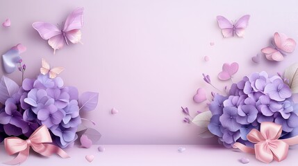 Poster - Dark violet hydrangea border with intricate watercolor details, adorned with deep pink bows and pink butterflies, set against a soothing pastel Valentine backdrop.
