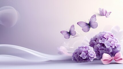 Wall Mural - Elegant border of watercolor light violet hydrangeas, accented with soft pink bows and butterflies, evoking timeless beauty and delicate charm.