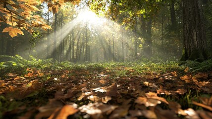 Canvas Print - Sunlight Filtering Through Trees in a Serene Forest Setting Highlighting Autumn Leaves on the Ground