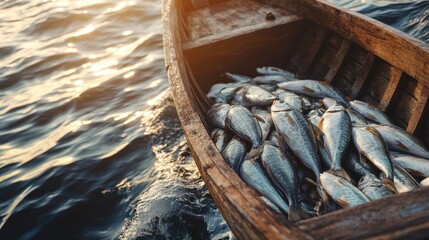 Freshly Caught Fish in a Rustic Wooden Boat on a Calm Sea