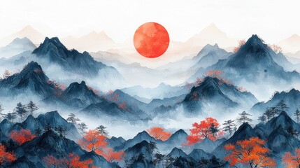 Wall Mural - Mountains at sunset in ink painting style.