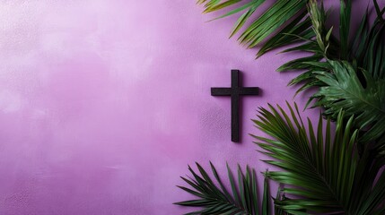 Sticker - Composition of christian ash wednesday cross and palm leaves on purple background with copy space. 