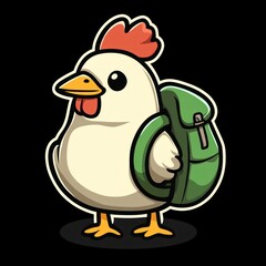 Cartoon chicken backpack travel adventure illustration