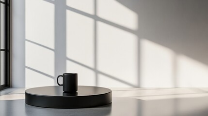 Wall Mural - Black Mug on Round Black Pedestal in Sunlit Room