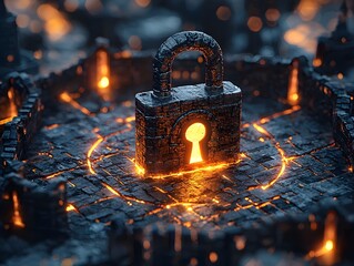Poster - Glowing Padlock Icon Surrounded by Fantasy Fortress and Weapons Symbolizing Robust Cybersecurity and Physical Protection