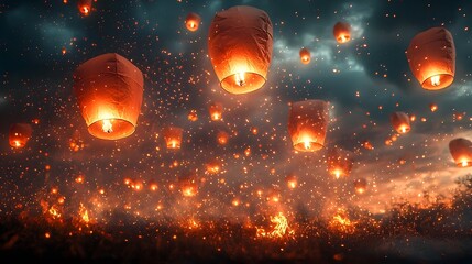 Poster - Mesmerizing Fire Themed Festival with Glowing Lanterns and Dramatic Fireworks Bursting in the Sky