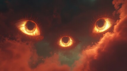 Wall Mural - Mysterious Eyes Glowing Through Dark Clouds in Dramatic Sky Scene
