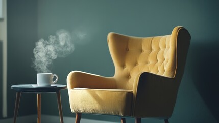 Poster - A steaming coffee cup rests on a table beside a yellow armchair