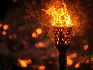 Poster - Ceremonial Torch Burning Brightly Against a Backdrop of Roaring Flames Symbolizing Power and Legacy