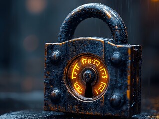 Poster - Glowing Conceptual Padlock with Integrated Combination Lock Mechanism