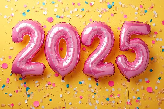 Happy New 2025 Year. Realistic 3d pink helium balloon numbers. Vector
