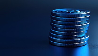 Poster - A Close-Up View of Stacked Metallic Coins on a Dark Surface Emitting a Soft Blue Light Highlighting Their Texture and Design in a Professional and Artistic Manner