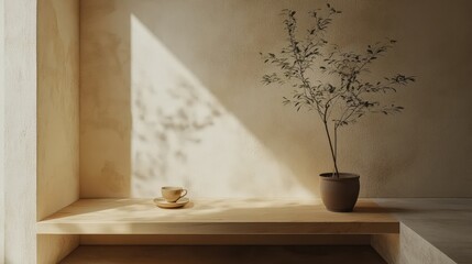 Wall Mural - Minimalist Still Life With Plant And Teacup On Wooden Shelf