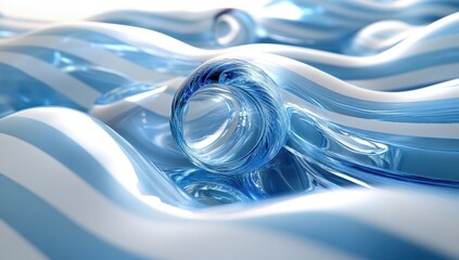 Poster - Abstract Blue Waves with Glassy Sphere Creating a Tranquil Flow Effect in Fluid Dynamics and Modern Design Aesthetic for Creative Projects and Backgrounds