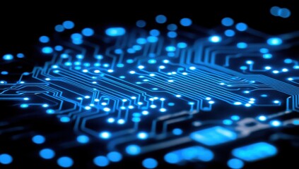 Poster - Abstract close-up of a blue illuminated electronic circuit board showcasing intricate patterns and glowing nodes, representing innovation in technology and digital connections.