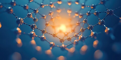 Poster - Abstract Close-Up of Molecular Structure with Glowing Nodes and Interconnected Lines Depicting Scientific Concepts of Chemistry and Physics in Brilliant Blue Background