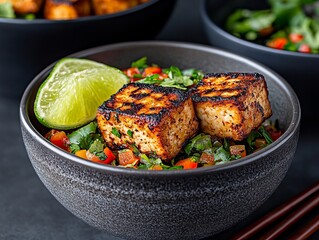 Wall Mural - A bowl of tofu with a lime wedge and chopsticks in it