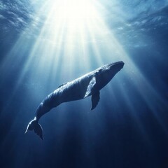 Poster - Majestic whale swimming gracefully under sunlit waters in a serene ocean setting. Generative AI