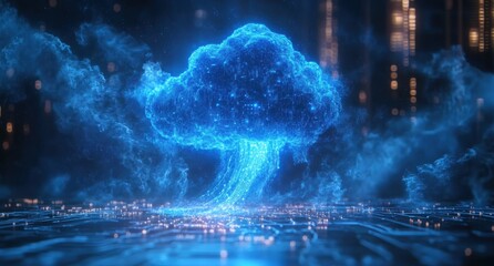 Poster - Abstract Digital Cloud with Blue Glowing Effects Above Circuit Board Background, Representing Technology and Innovation in Cloud Computing and Data Management